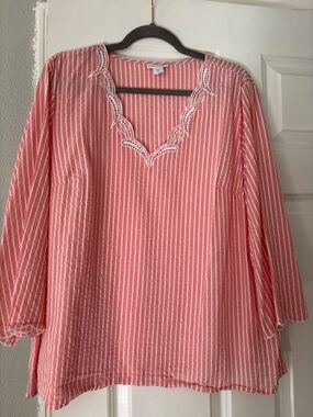 Liz Claiborne Coral Pink Striped Tunic with White Embroidered V-Neck